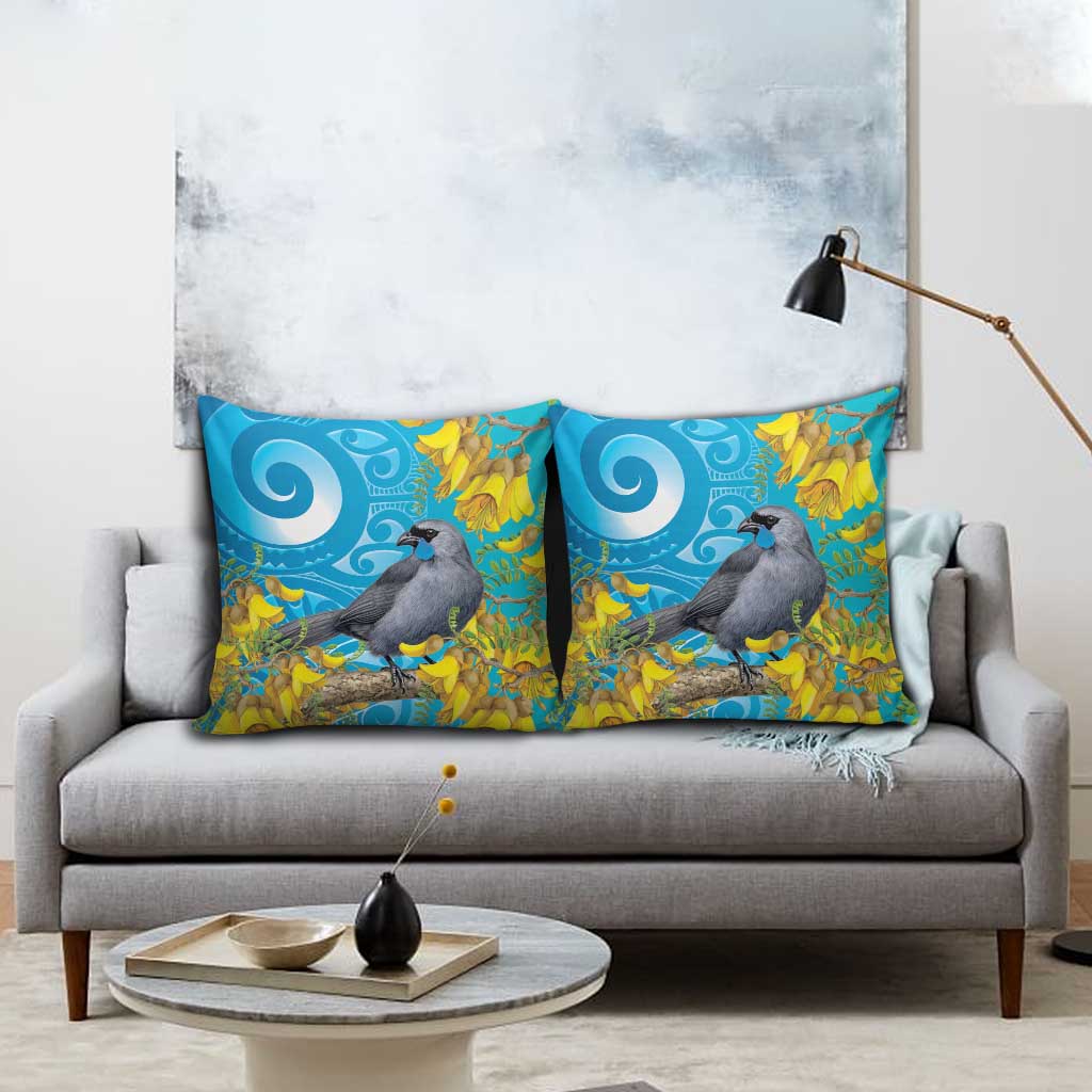 New Zealand Kokako Bird Pillow Cover Maori Koru With Kowhai Flowers - Polynesian Pride