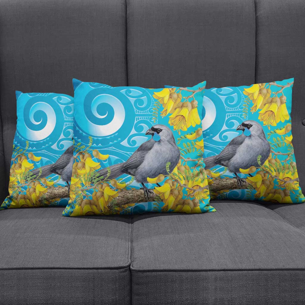 New Zealand Kokako Bird Pillow Cover Maori Koru With Kowhai Flowers - Polynesian Pride