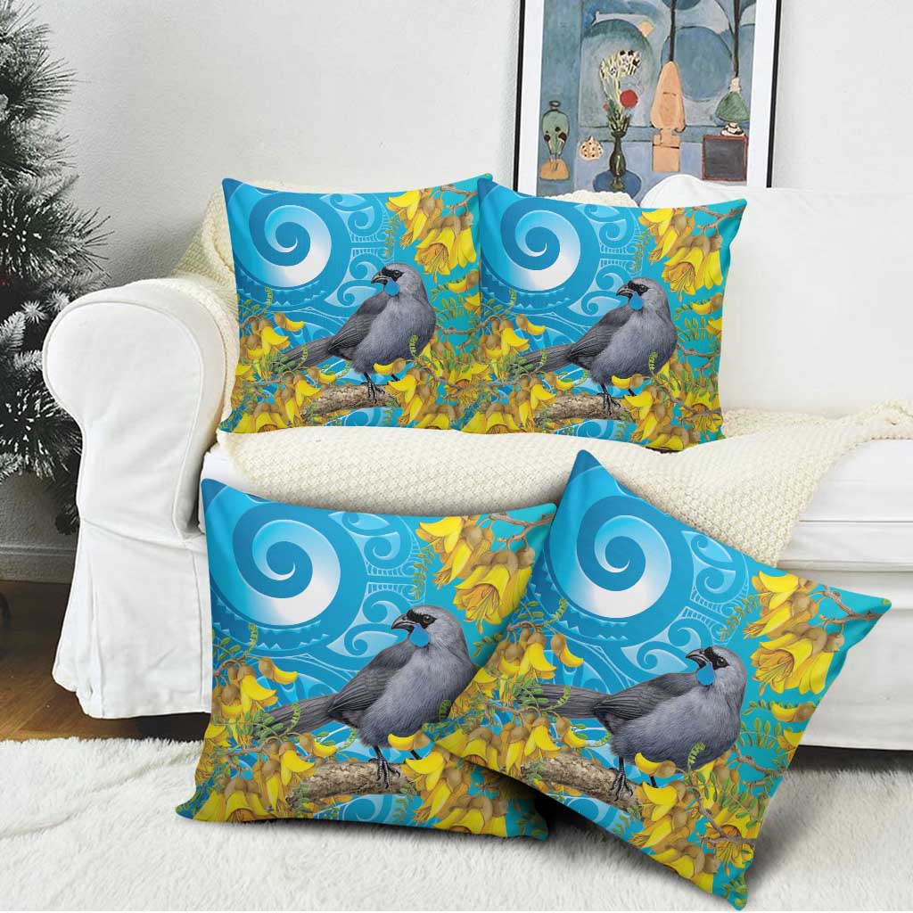 New Zealand Kokako Bird Pillow Cover Maori Koru With Kowhai Flowers - Polynesian Pride