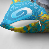 New Zealand Kokako Bird Pillow Cover Maori Koru With Kowhai Flowers - Polynesian Pride