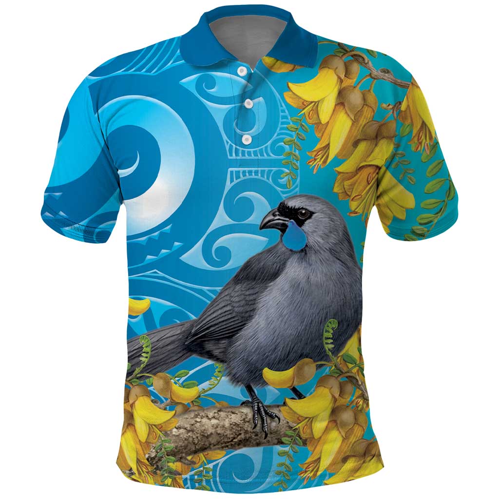 New Zealand Kokako Bird Polo Shirt Maori Koru With Kowhai Flowers - Polynesian Pride