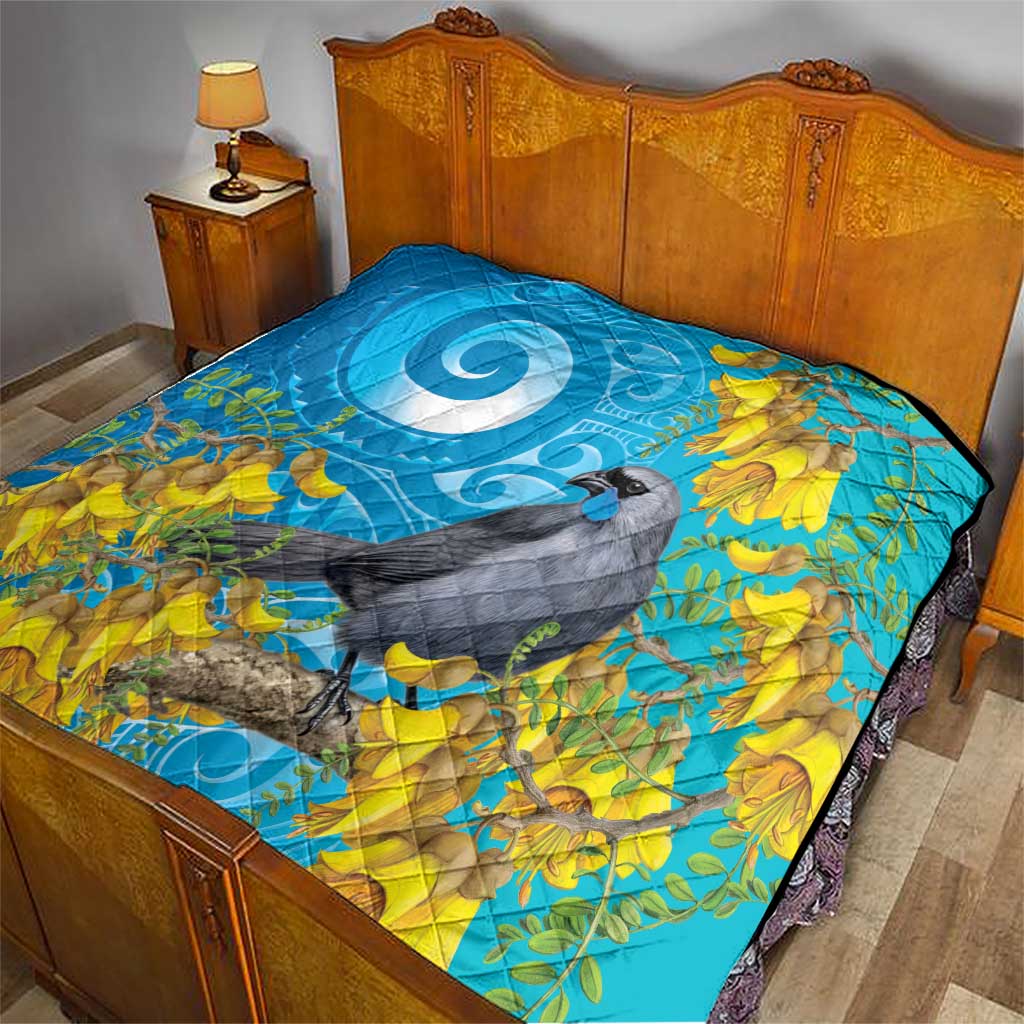 New Zealand Kokako Bird Quilt Maori Koru With Kowhai Flowers - Polynesian Pride