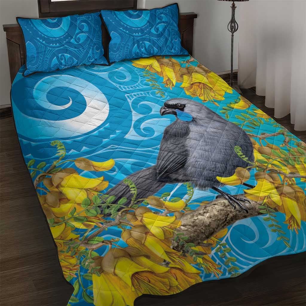 New Zealand Kokako Bird Quilt Bed Set Maori Koru With Kowhai Flowers - Polynesian Pride
