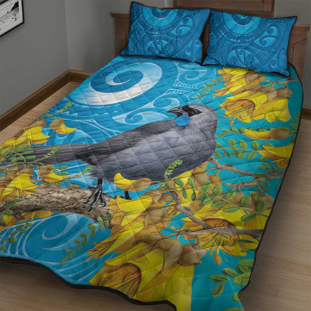 New Zealand Kokako Bird Quilt Bed Set Maori Koru With Kowhai Flowers - Polynesian Pride