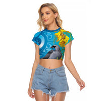 New Zealand Kokako Bird Raglan Cropped T Shirt Maori Koru With Kowhai Flowers - Polynesian Pride