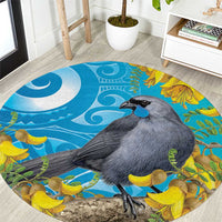 New Zealand Kokako Bird Round Carpet Maori Koru With Kowhai Flowers - Polynesian Pride