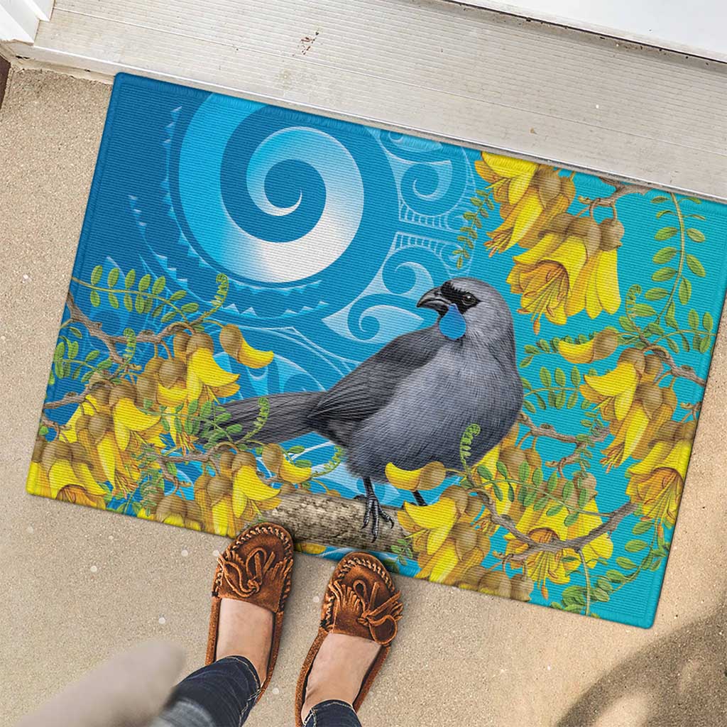 New Zealand Kokako Bird Rubber Doormat Maori Koru With Kowhai Flowers - Polynesian Pride