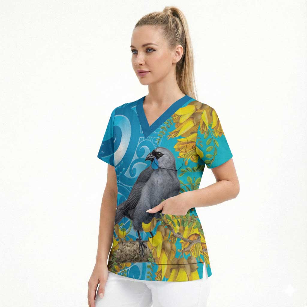New Zealand Kokako Bird Scrub Top Maori Koru With Kowhai Flowers - Polynesian Pride