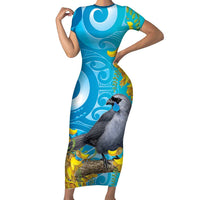 New Zealand Kokako Bird Short Sleeve Bodycon Dress Maori Koru With Kowhai Flowers - Polynesian Pride