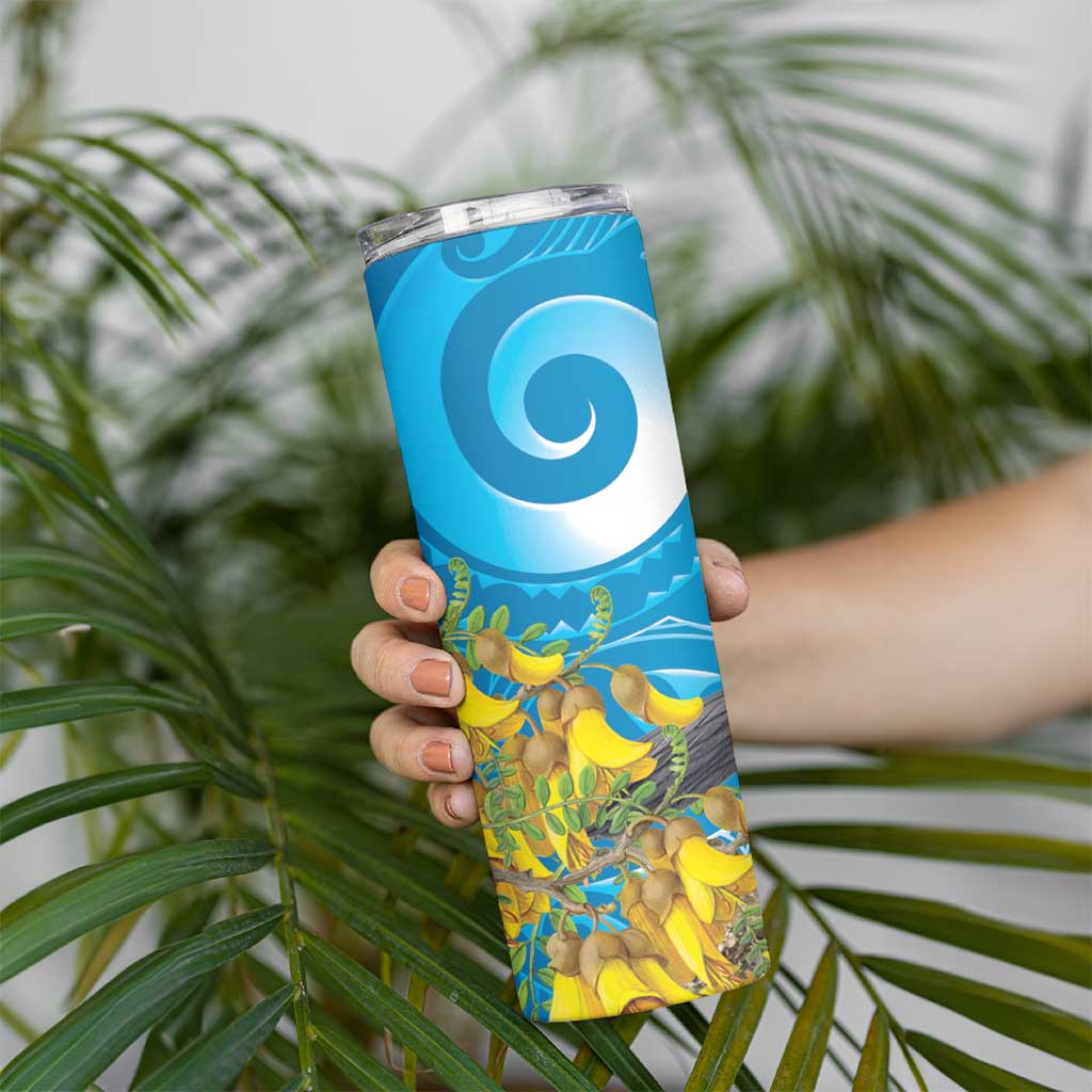New Zealand Kokako Bird Skinny Tumbler Maori Koru With Kowhai Flowers - Polynesian Pride
