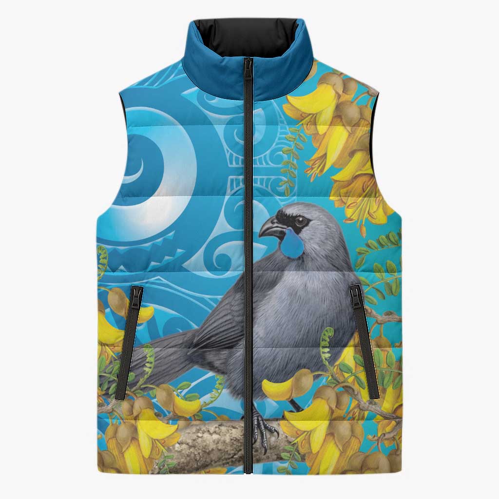 New Zealand Kokako Bird Sleeveless Puffer Jacket Maori Koru With Kowhai Flowers - Polynesian Pride