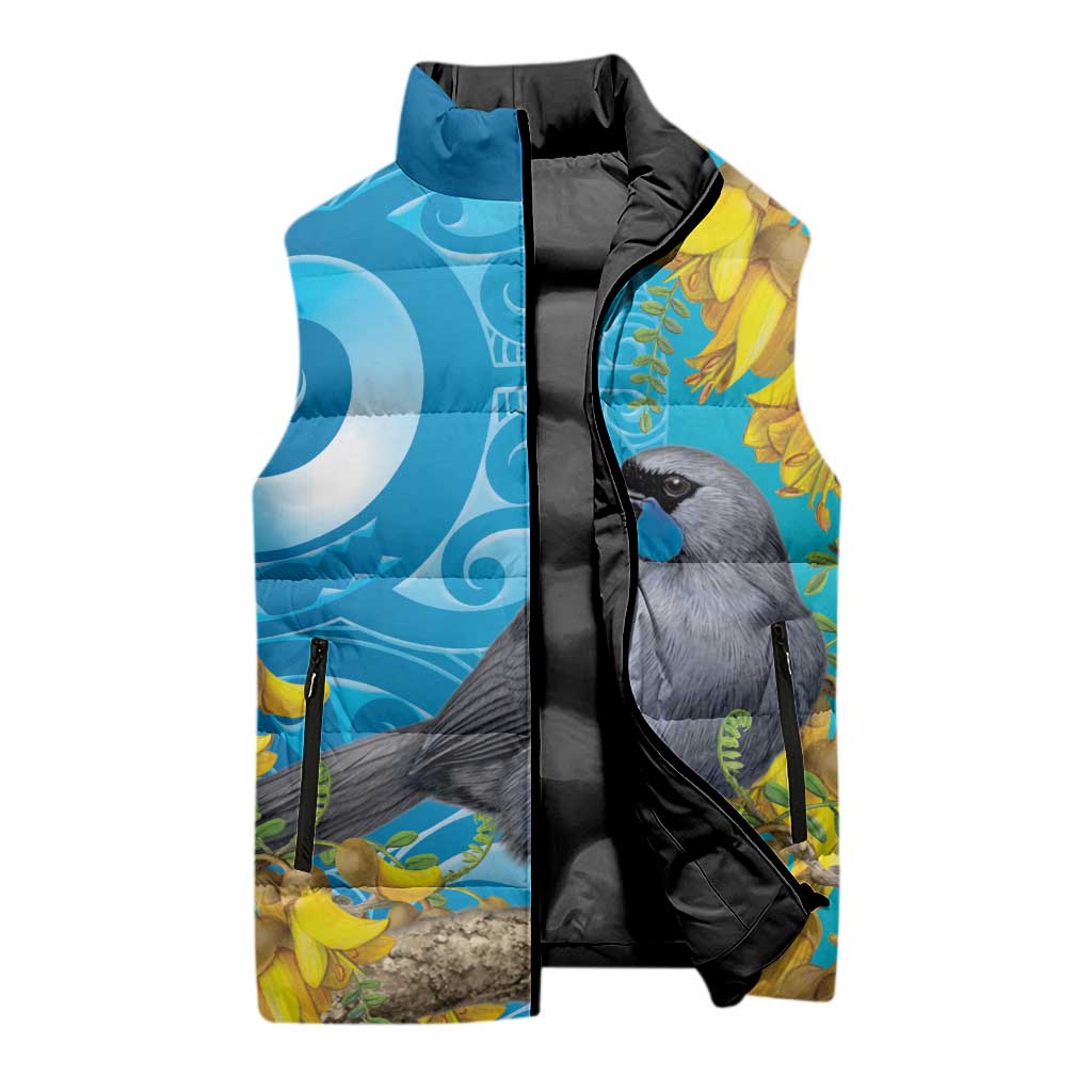 New Zealand Kokako Bird Sleeveless Puffer Jacket Maori Koru With Kowhai Flowers - Polynesian Pride