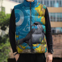 New Zealand Kokako Bird Sleeveless Puffer Jacket Maori Koru With Kowhai Flowers - Polynesian Pride