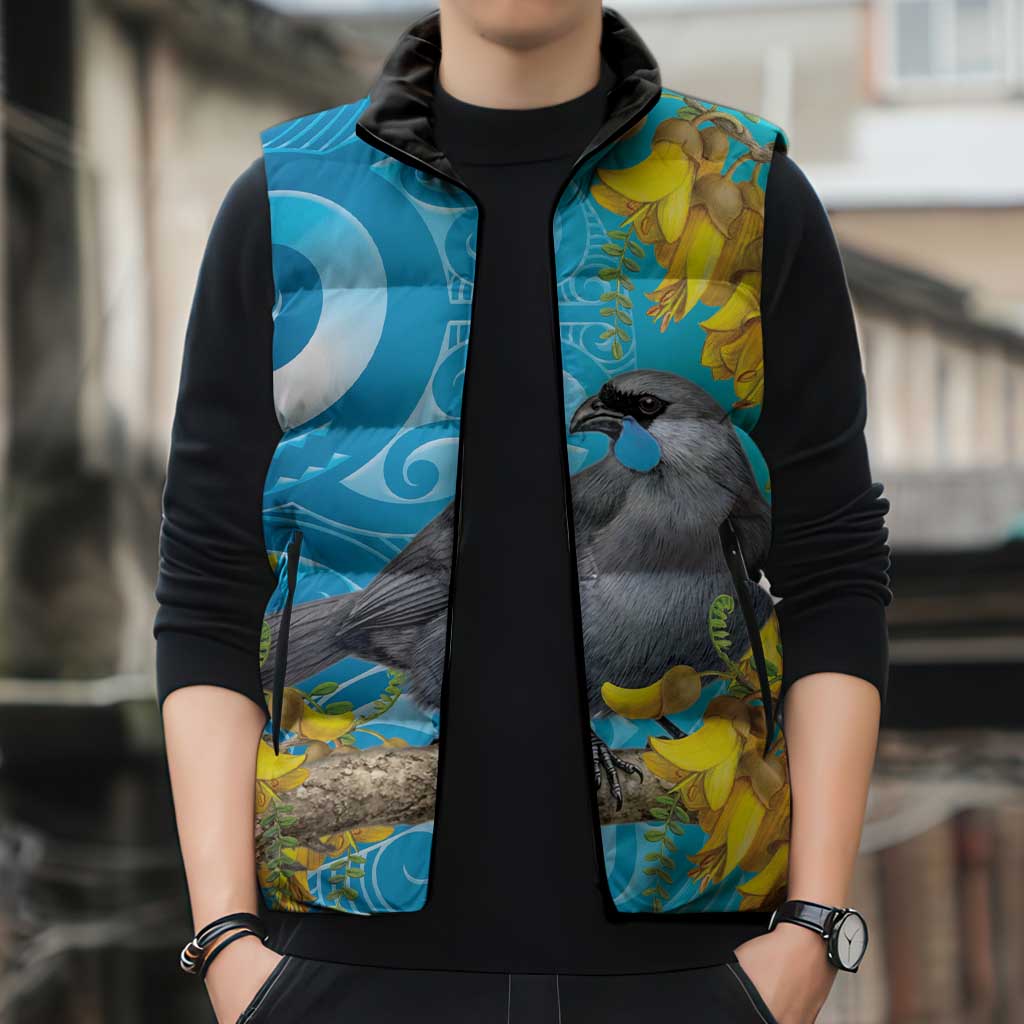 New Zealand Kokako Bird Sleeveless Puffer Jacket Maori Koru With Kowhai Flowers - Polynesian Pride