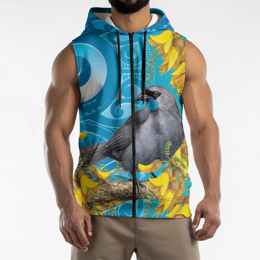 New Zealand Kokako Bird Sleeveless Zip Hoodie Maori Koru With Kowhai Flowers - Polynesian Pride