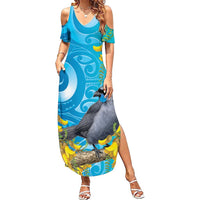 New Zealand Kokako Bird Summer Maxi Dress Maori Koru With Kowhai Flowers - Polynesian Pride