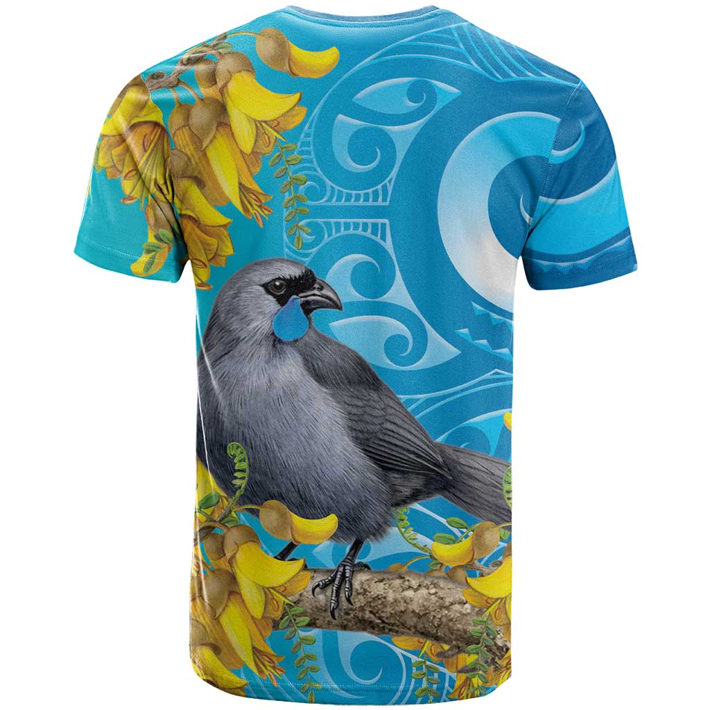 New Zealand Kokako Bird T Shirt Maori Koru With Kowhai Flowers - Polynesian Pride