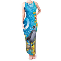 New Zealand Kokako Bird Tank Maxi Dress Maori Koru With Kowhai Flowers - Polynesian Pride