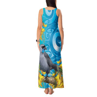 New Zealand Kokako Bird Tank Maxi Dress Maori Koru With Kowhai Flowers - Polynesian Pride