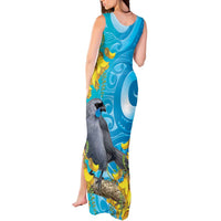 New Zealand Kokako Bird Tank Maxi Dress Maori Koru With Kowhai Flowers - Polynesian Pride