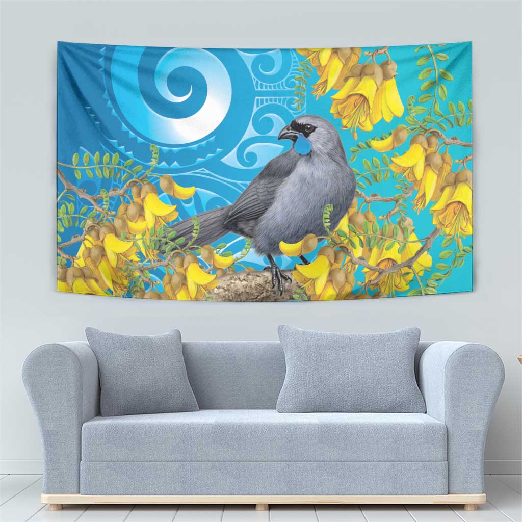 New Zealand Kokako Bird Tapestry Maori Koru With Kowhai Flowers - Polynesian Pride