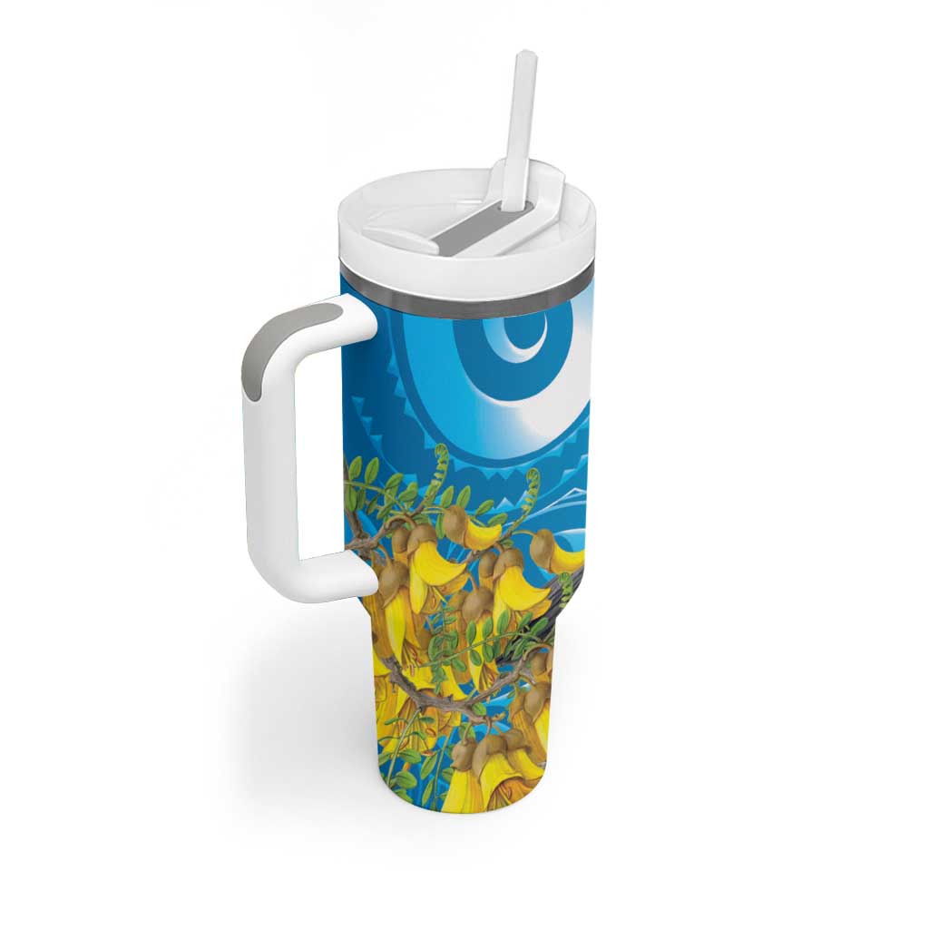 New Zealand Kokako Bird Tumbler With Handle Maori Koru With Kowhai Flowers - Polynesian Pride