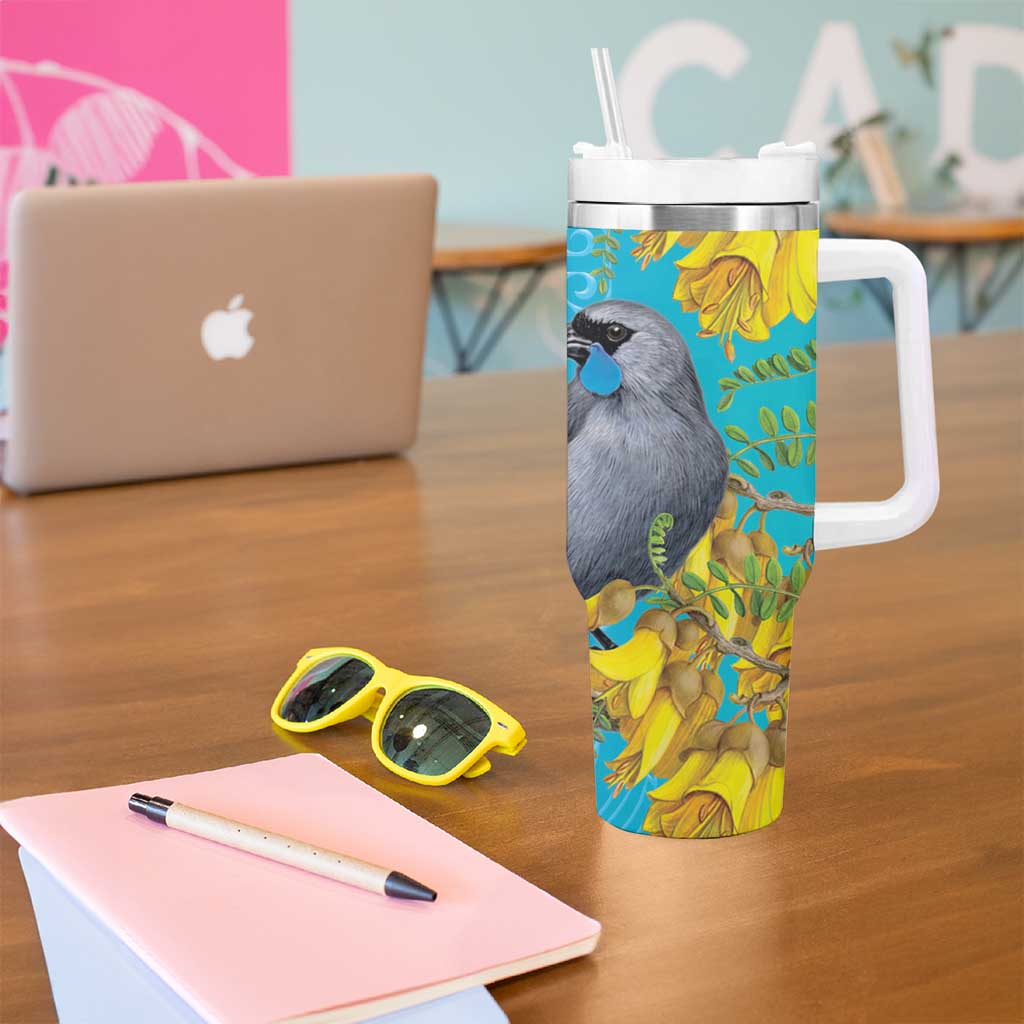 New Zealand Kokako Bird Tumbler With Handle Maori Koru With Kowhai Flowers - Polynesian Pride