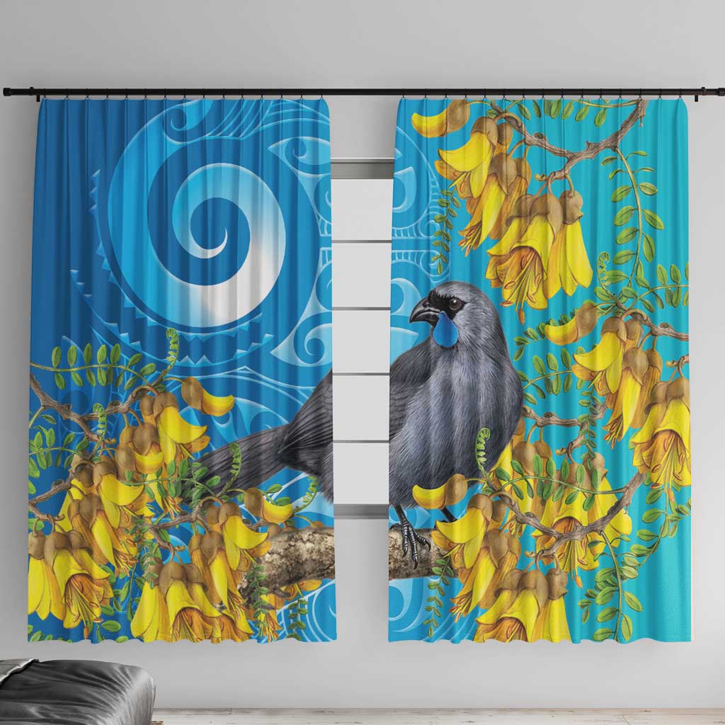 New Zealand Kokako Bird Window Curtain Maori Koru With Kowhai Flowers - Polynesian Pride