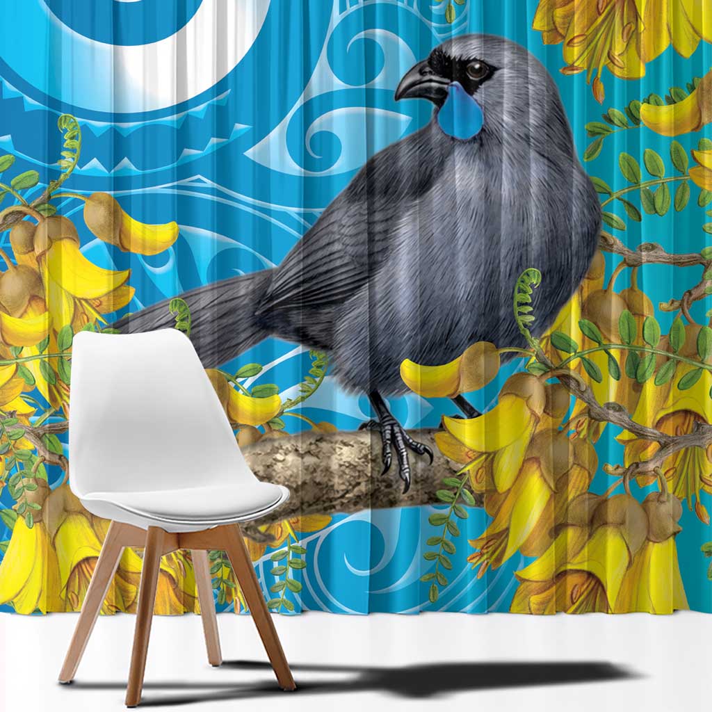New Zealand Kokako Bird Window Curtain Maori Koru With Kowhai Flowers - Polynesian Pride