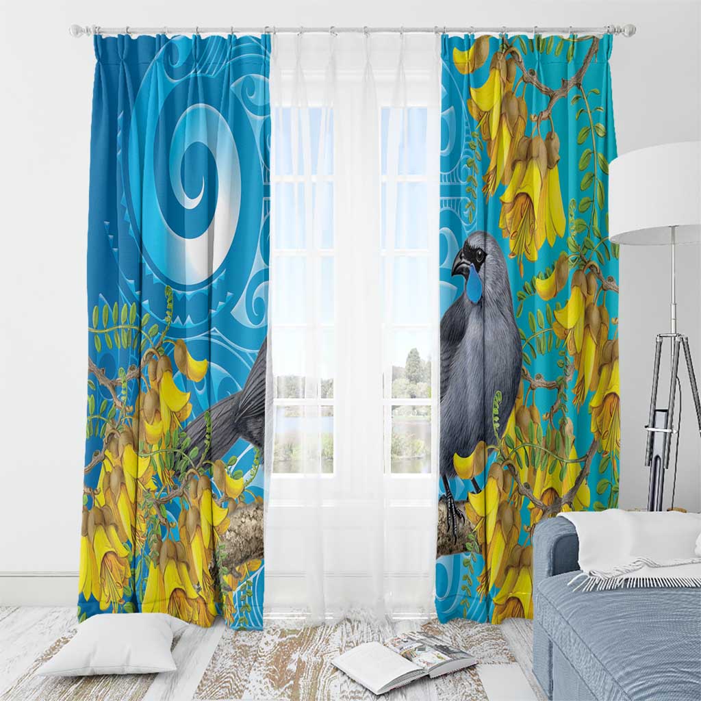 New Zealand Kokako Bird Window Curtain Maori Koru With Kowhai Flowers - Polynesian Pride