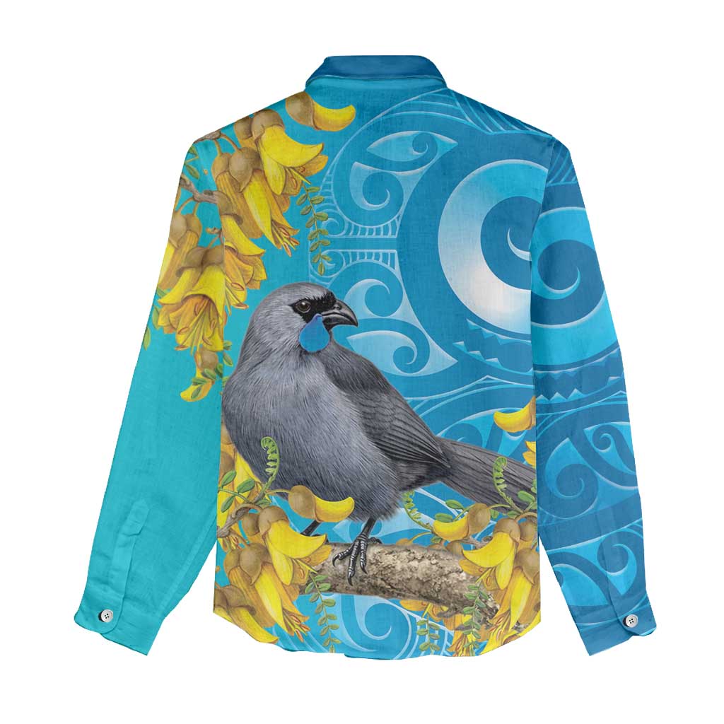 New Zealand Kokako Bird Women Casual Shirt Maori Koru With Kowhai Flowers - Polynesian Pride