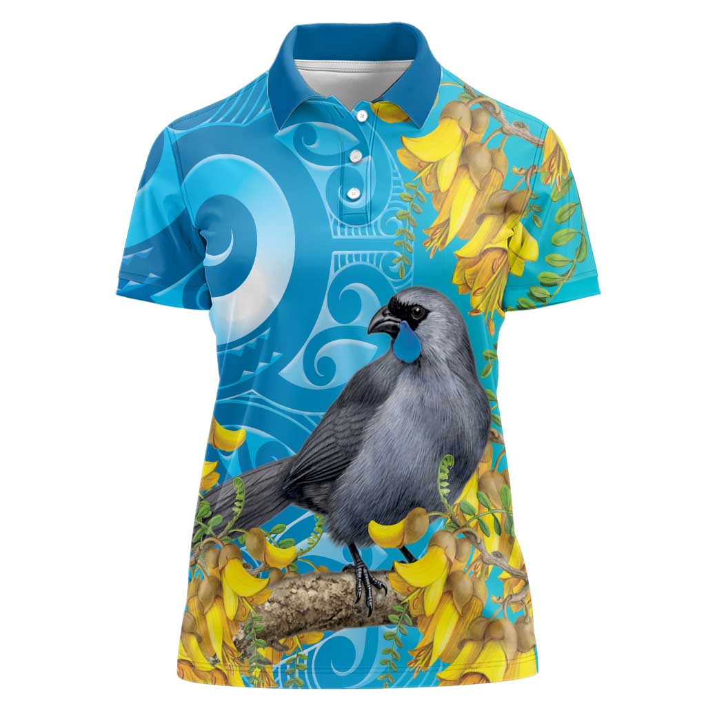 New Zealand Kokako Bird Women Polo Shirt Maori Koru With Kowhai Flowers - Polynesian Pride