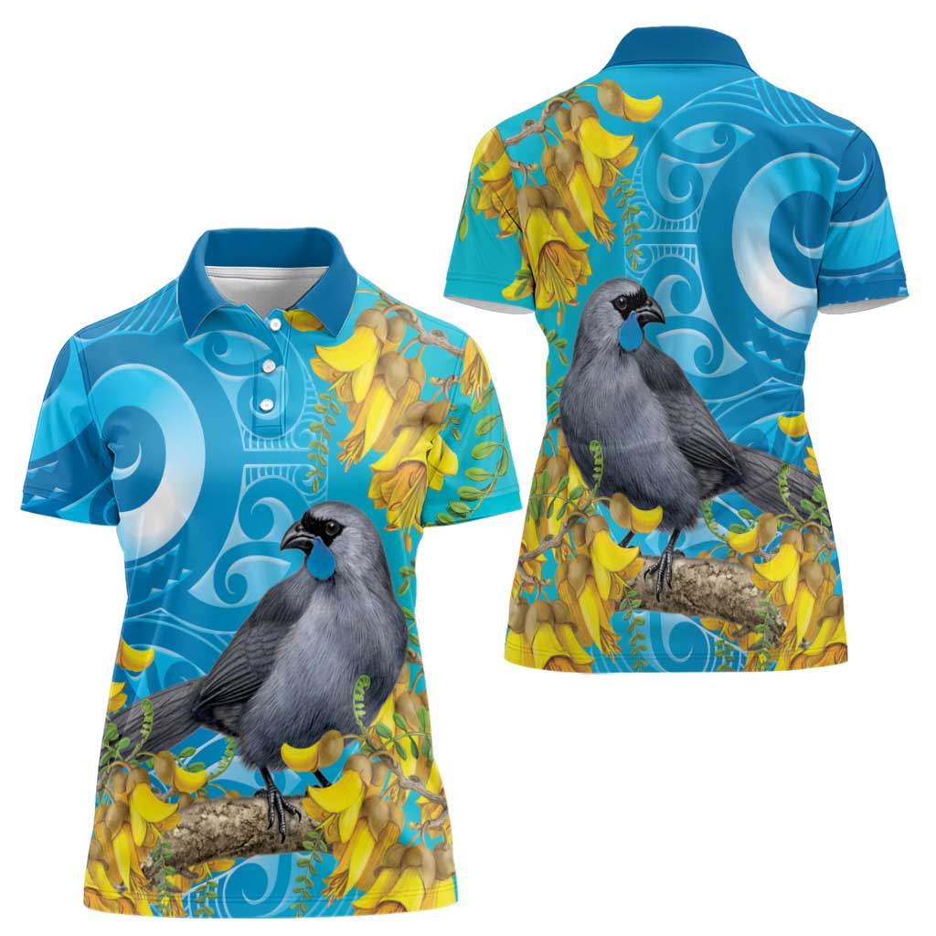 New Zealand Kokako Bird Women Polo Shirt Maori Koru With Kowhai Flowers - Polynesian Pride