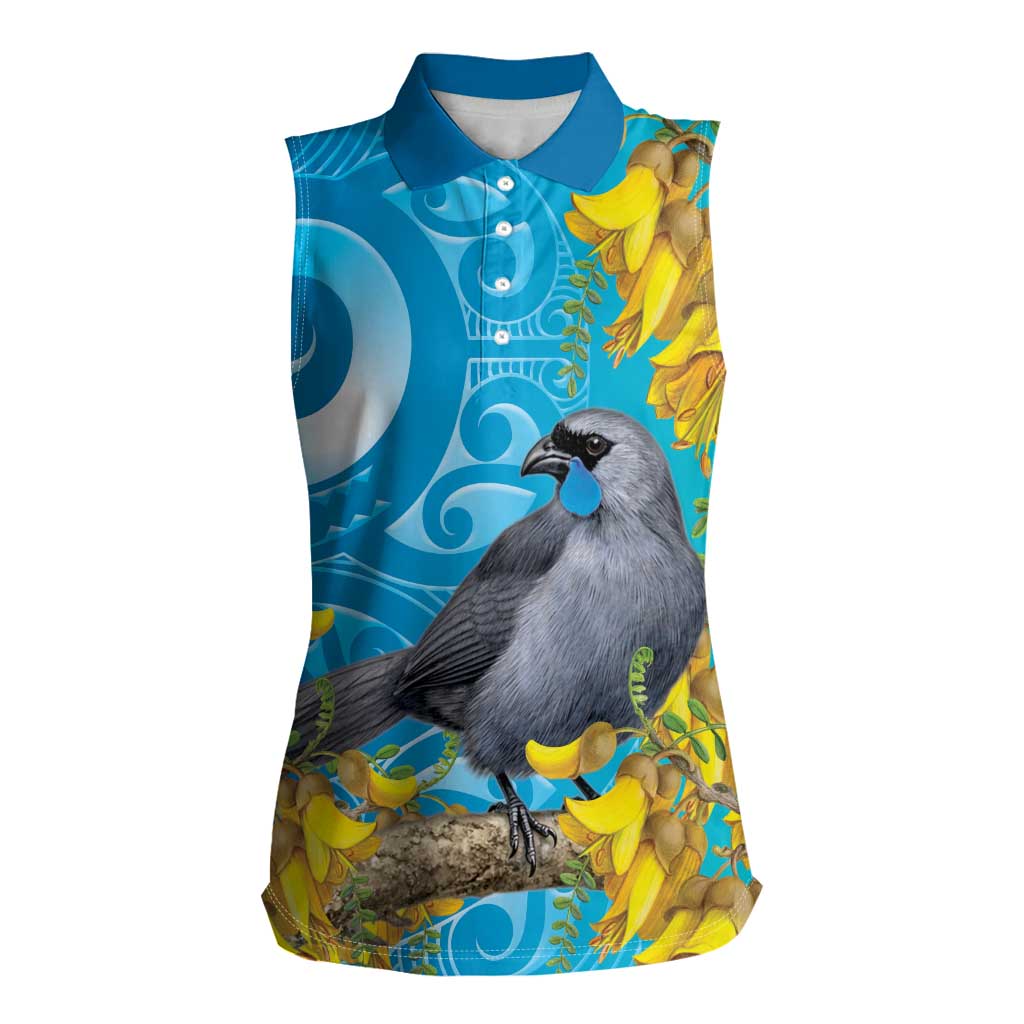 New Zealand Kokako Bird Women Sleeveless Polo Shirt Maori Koru With Kowhai Flowers - Polynesian Pride