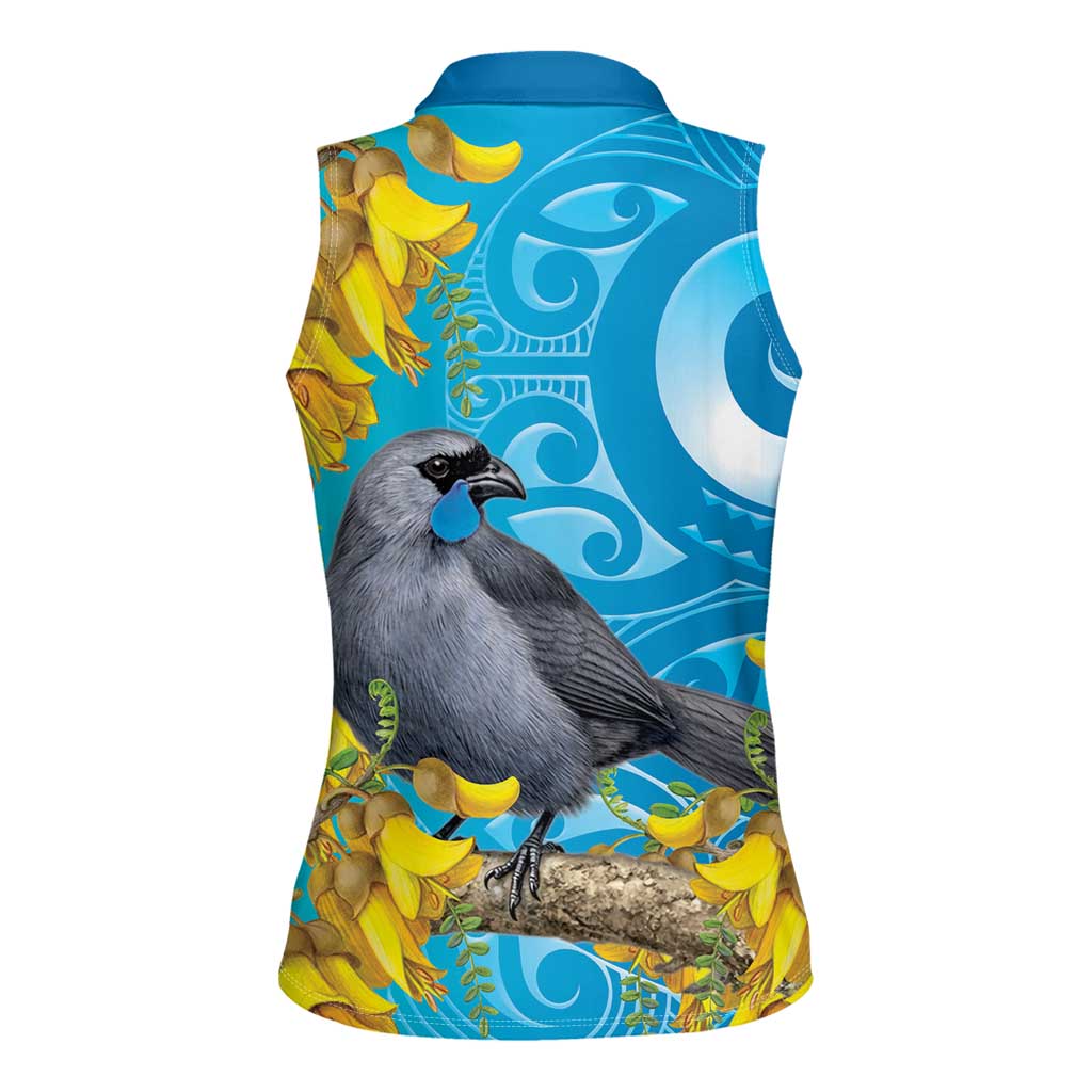 New Zealand Kokako Bird Women Sleeveless Polo Shirt Maori Koru With Kowhai Flowers - Polynesian Pride