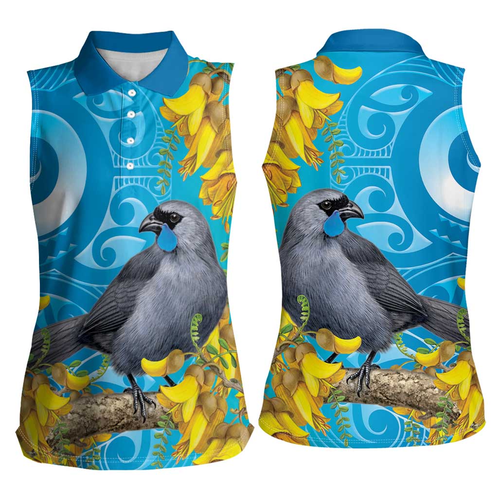 New Zealand Kokako Bird Women Sleeveless Polo Shirt Maori Koru With Kowhai Flowers - Polynesian Pride