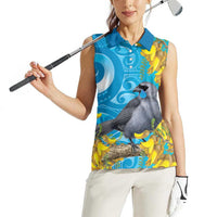 New Zealand Kokako Bird Women Sleeveless Polo Shirt Maori Koru With Kowhai Flowers - Polynesian Pride