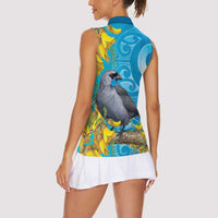 New Zealand Kokako Bird Women Sleeveless Polo Shirt Maori Koru With Kowhai Flowers - Polynesian Pride