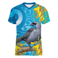 New Zealand Kokako Bird Women V-Neck T-Shirt Maori Koru With Kowhai Flowers - Polynesian Pride
