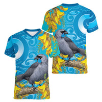 New Zealand Kokako Bird Women V-Neck T-Shirt Maori Koru With Kowhai Flowers - Polynesian Pride