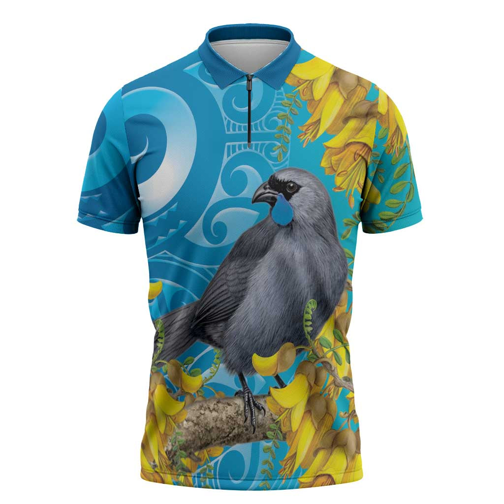 New Zealand Kokako Bird Zipper Polo Shirt Maori Koru With Kowhai Flowers - Polynesian Pride