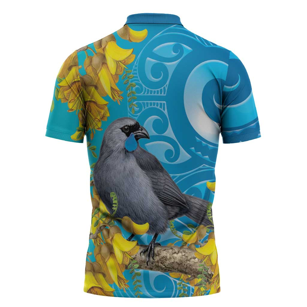New Zealand Kokako Bird Zipper Polo Shirt Maori Koru With Kowhai Flowers - Polynesian Pride