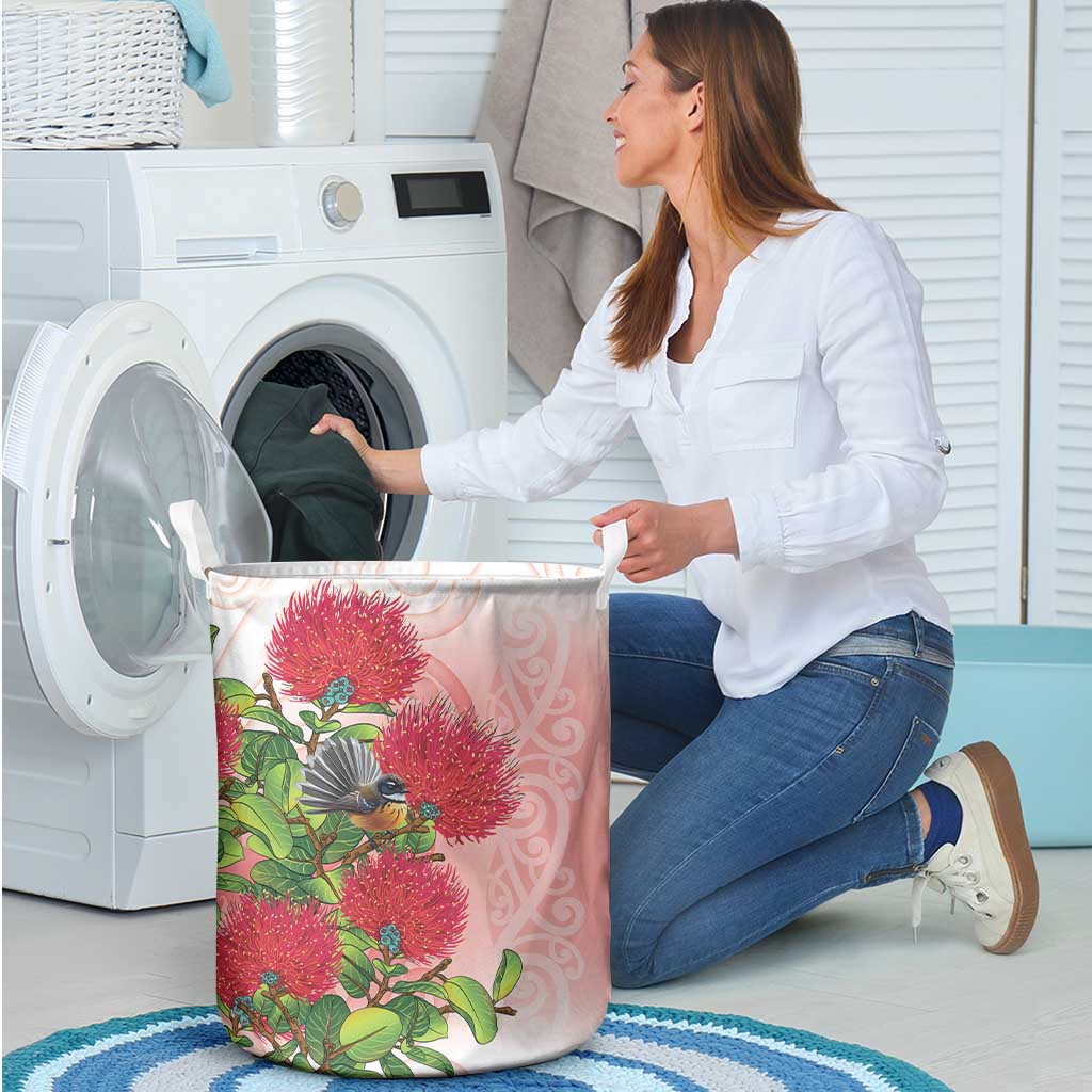 New Zealand Fantail Laundry Basket Maori Koru With Pohutukawa Flowers - Polynesian Pride