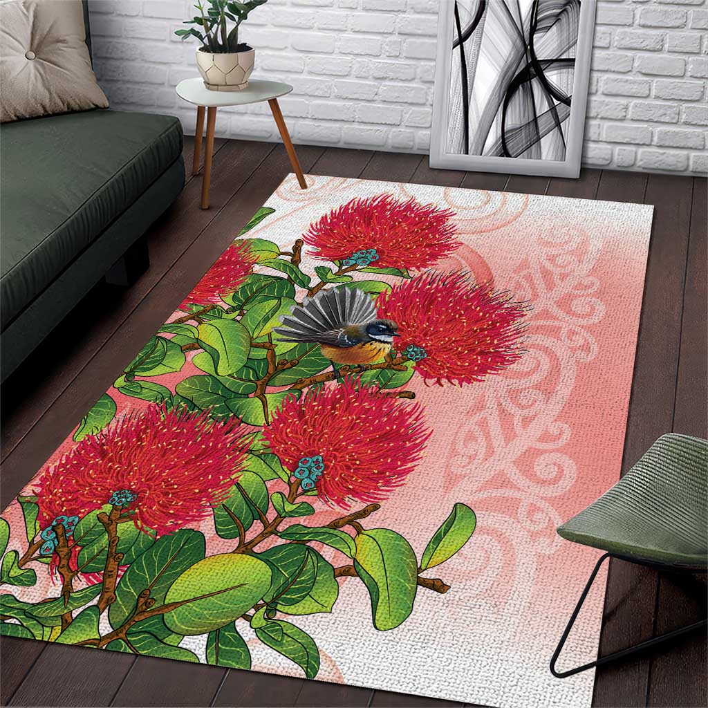 New Zealand Fantail Area Rug Maori Koru With Pohutukawa Flowers - Polynesian Pride