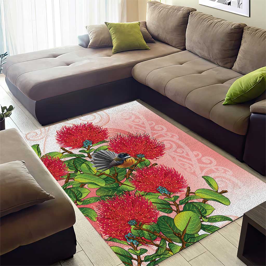 New Zealand Fantail Area Rug Maori Koru With Pohutukawa Flowers - Polynesian Pride