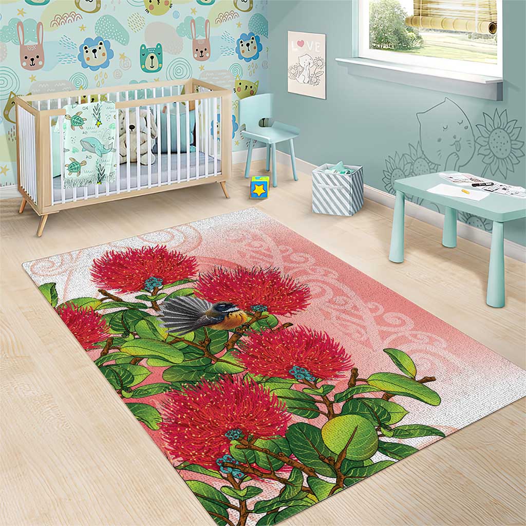 New Zealand Fantail Area Rug Maori Koru With Pohutukawa Flowers - Polynesian Pride