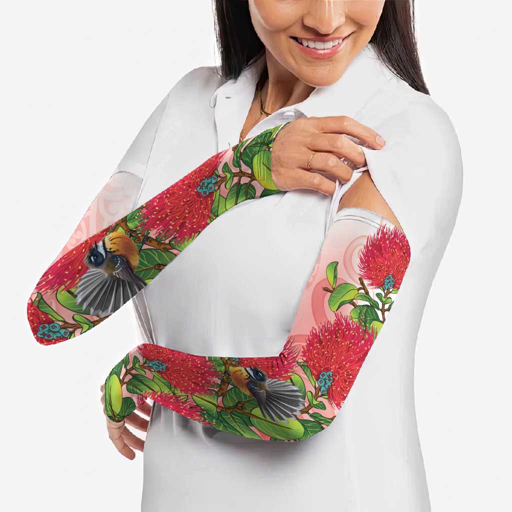 New Zealand Fantail Arm Sleeves Maori Koru With Pohutukawa Flowers - Polynesian Pride