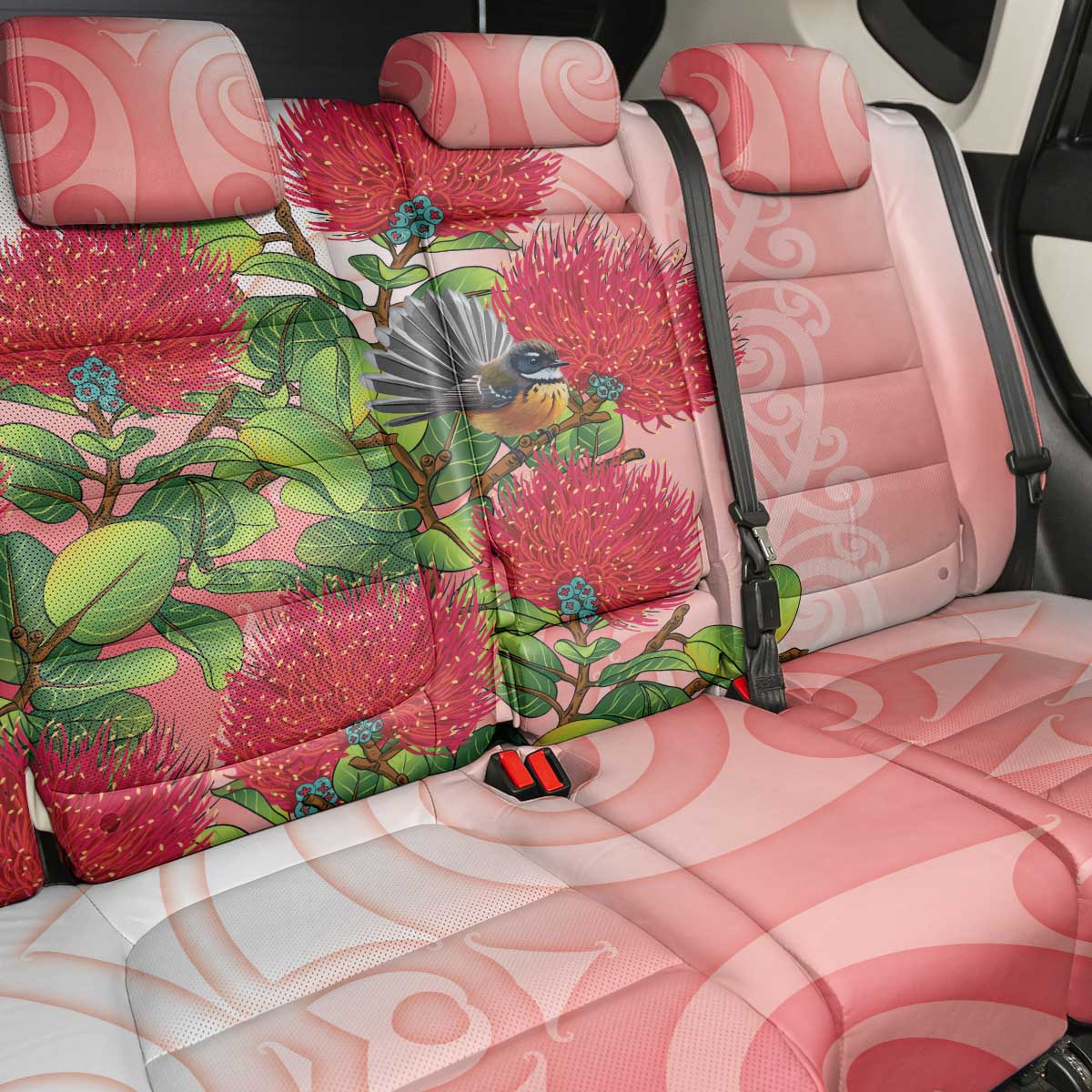 New Zealand Fantail Back Car Seat Cover Maori Koru With Pohutukawa Flowers - Polynesian Pride