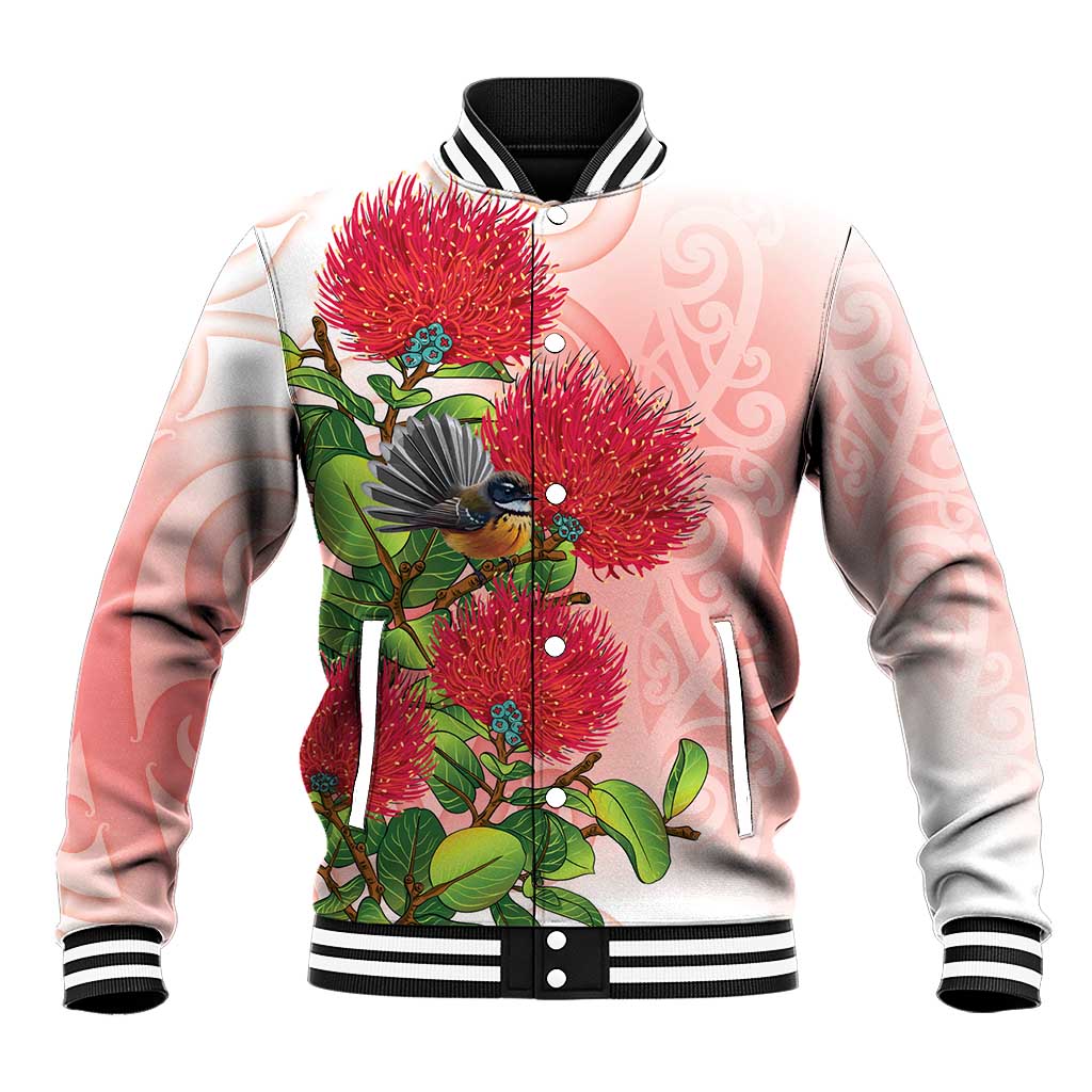 New Zealand Fantail Baseball Jacket Maori Koru With Pohutukawa Flowers - Polynesian Pride