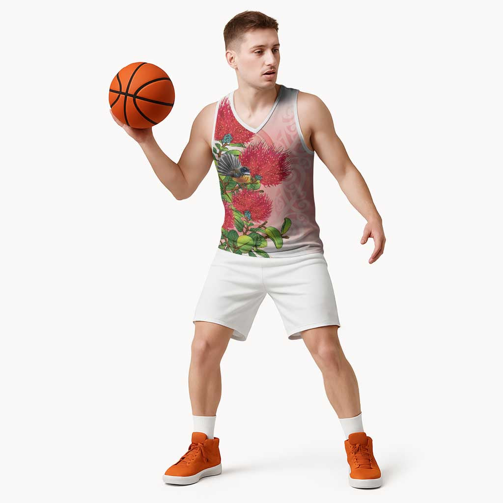 New Zealand Fantail Basketball Jersey Maori Koru With Pohutukawa Flowers - Polynesian Pride